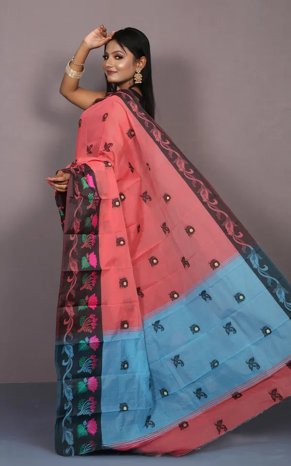 Bengal_Handloom_Soft_Khadi_Cotton_Silk_Saree_In_Salmon_Orange_Sky_Blue_And_Multicolor