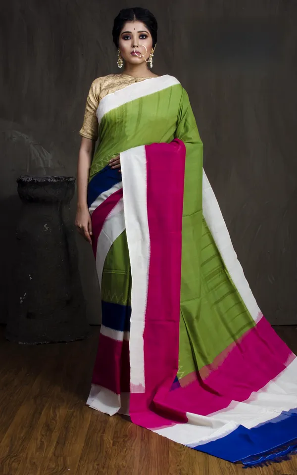 Soft_Mercerized_Cotton_Ikkat_Pochampally_Saree_In_Green_Deep_Pink_Royal_Blue_And_Off_White