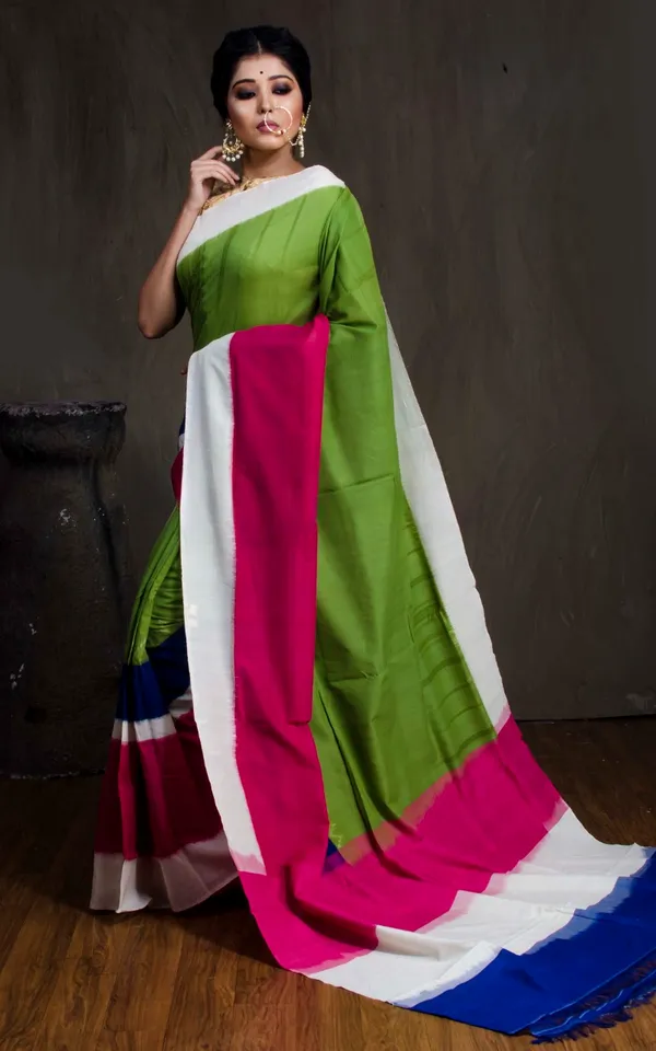 Soft_Mercerized_Cotton_Ikkat_Pochampally_Saree_In_Green_Deep_Pink_Royal_Blue_And_Off_White