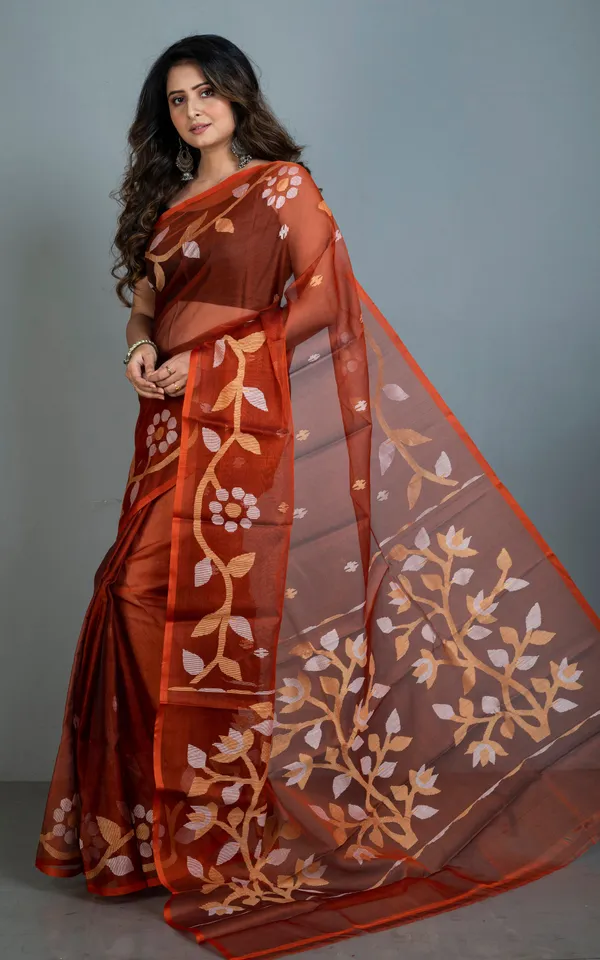 Hand_Woven_Muslin_Silk_Jamdani_Saree_In_Burnt_Sienna_Beige_And_Off_White_Thread_Work