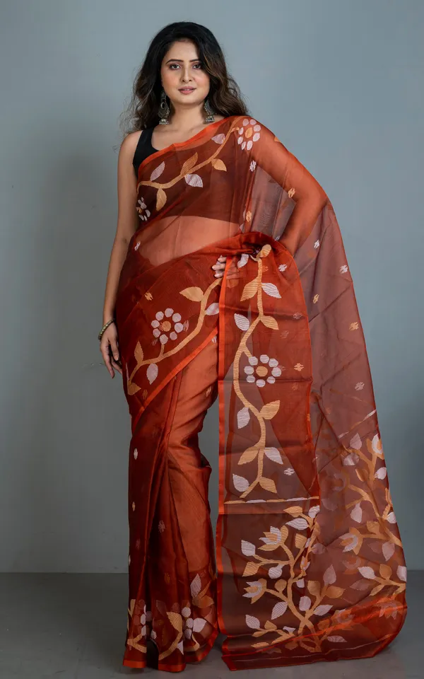 Hand_Woven_Muslin_Silk_Jamdani_Saree_In_Burnt_Sienna_Beige_And_Off_White_Thread_Work