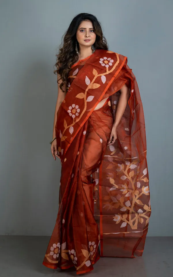 Hand_Woven_Muslin_Silk_Jamdani_Saree_In_Burnt_Sienna_Beige_And_Off_White_Thread_Work