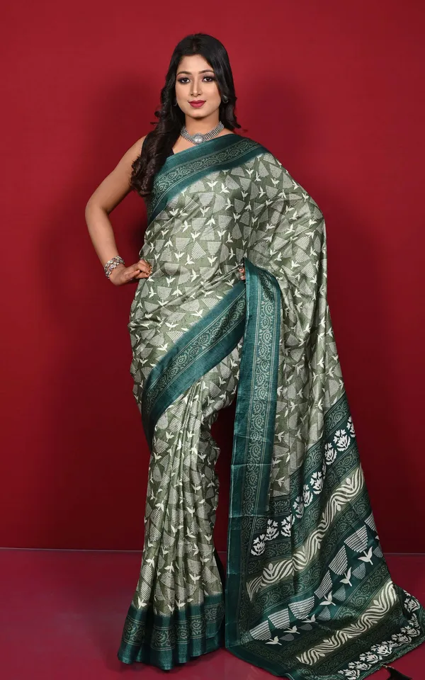 Printed_Soft_Semi_Ghicha_Silk_Saree_In_Basil_Green_And_Off_White
