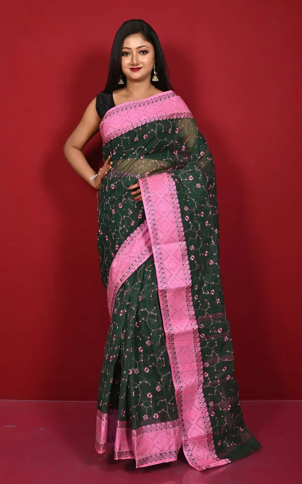 Bengal_Handloom_Cotton_Saree_With_Floral_Jaal_Embroidery_Work_In_Dark_Bottle_Green_And_Pink
