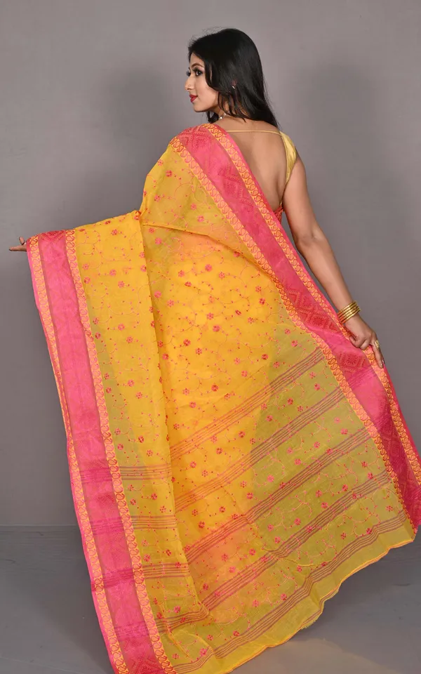 Bengal_Handloom_Cotton_Saree_With_Floral_Jaal_Embroidery_Work_In_Yellow_And_Hot_Pink