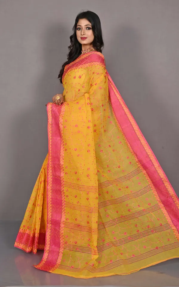 Bengal_Handloom_Cotton_Saree_With_Floral_Jaal_Embroidery_Work_In_Yellow_And_Hot_Pink