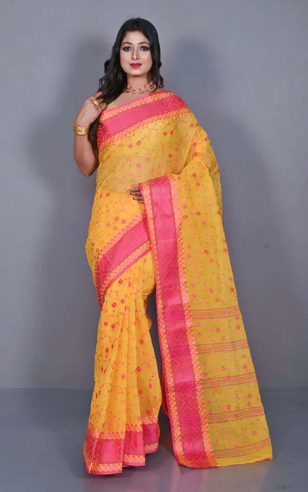 Bengal_Handloom_Cotton_Saree_With_Floral_Jaal_Embroidery_Work_In_Yellow_And_Hot_Pink
