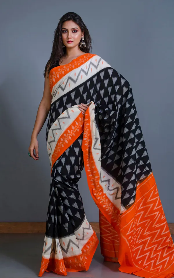 Soft_Mercerized_Cotton_Ikkat_Pochampally_Saree_In_Black_Off_White_Grey_And_Orange