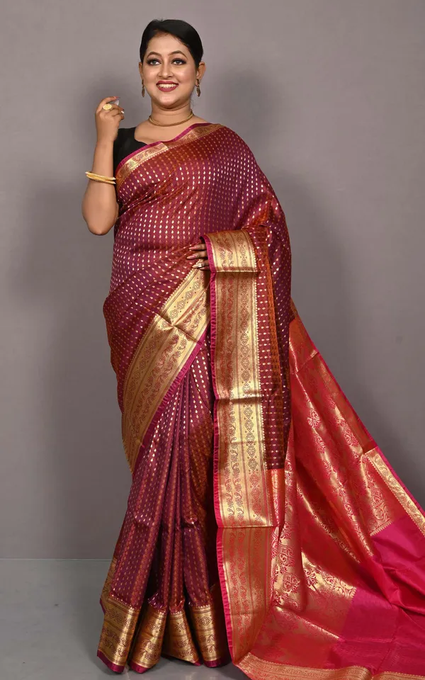 Tan_Chui_Brocade_Kanjivaram_Silk_Saree_In_Burgundy_And_Cerise_Pink