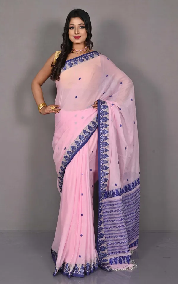 Traditional_Nakshi_Border_Work_Soft_Cotton_Bomkai_Saree_In_Pastel_Pink_Royal_Beige_And_Deep_Blue
