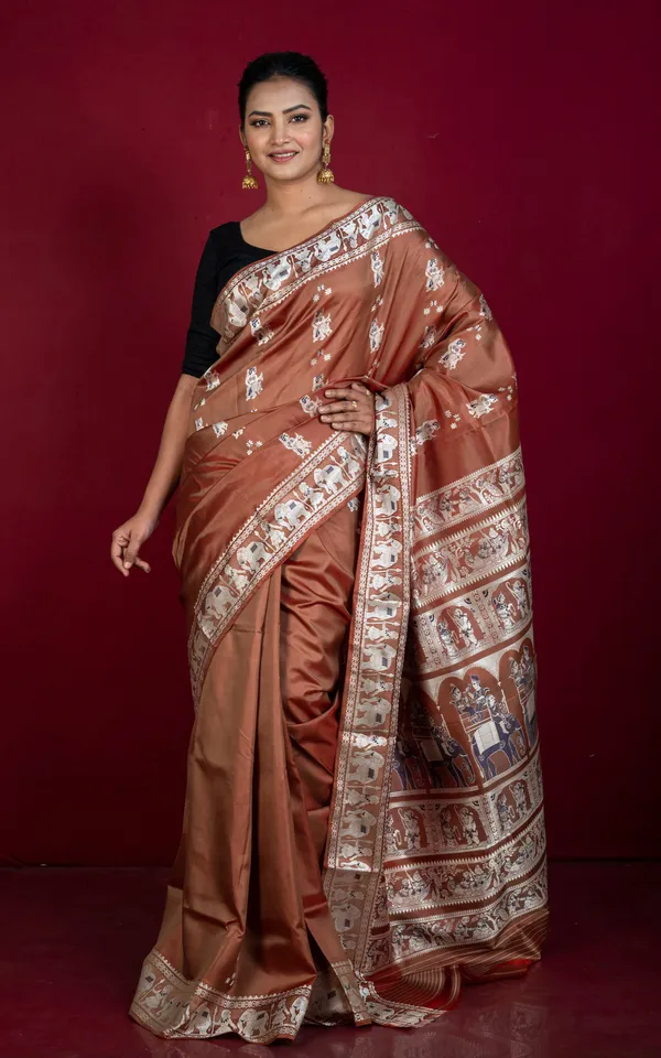 Hand_Woven_Meenakari_Baluchari_Pure_Silk_Saree_In_Old_Brick_Beige_And_Dark_Blue