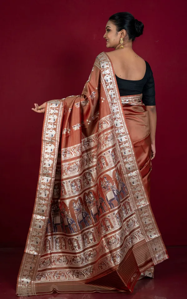 Hand_Woven_Meenakari_Baluchari_Pure_Silk_Saree_In_Old_Brick_Beige_And_Dark_Blue