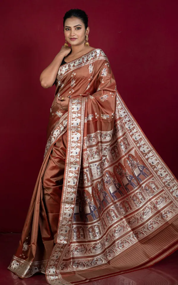 Hand_Woven_Meenakari_Baluchari_Pure_Silk_Saree_In_Old_Brick_Beige_And_Dark_Blue