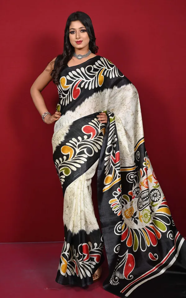 Hand_Batik_Printed_Soft_Semi_Ghicha_Silk_Saree_In_Off_White_Black_Moss_Green_And_Multicolor