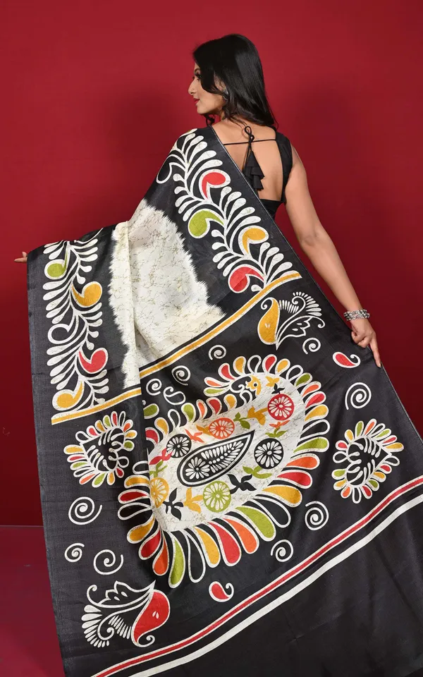 Hand_Batik_Printed_Soft_Semi_Ghicha_Silk_Saree_In_Off_White_Black_Moss_Green_And_Multicolor