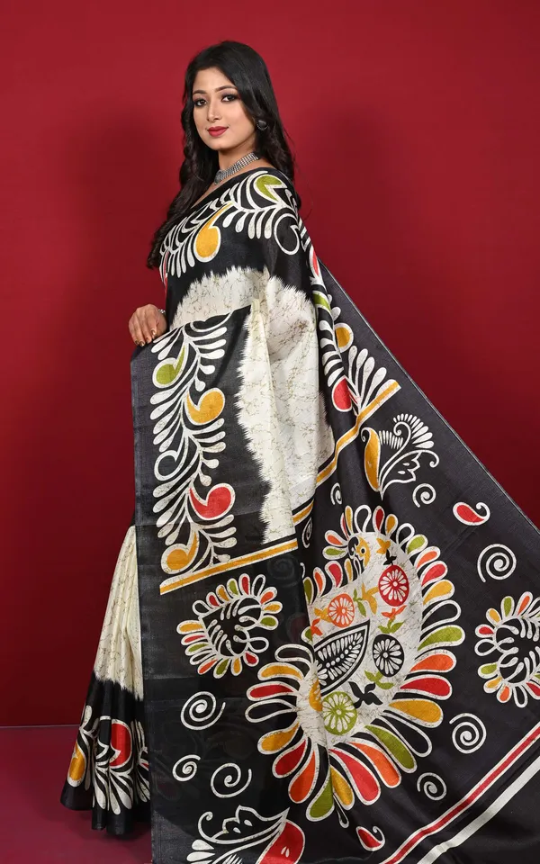 Hand_Batik_Printed_Soft_Semi_Ghicha_Silk_Saree_In_Off_White_Black_Moss_Green_And_Multicolor