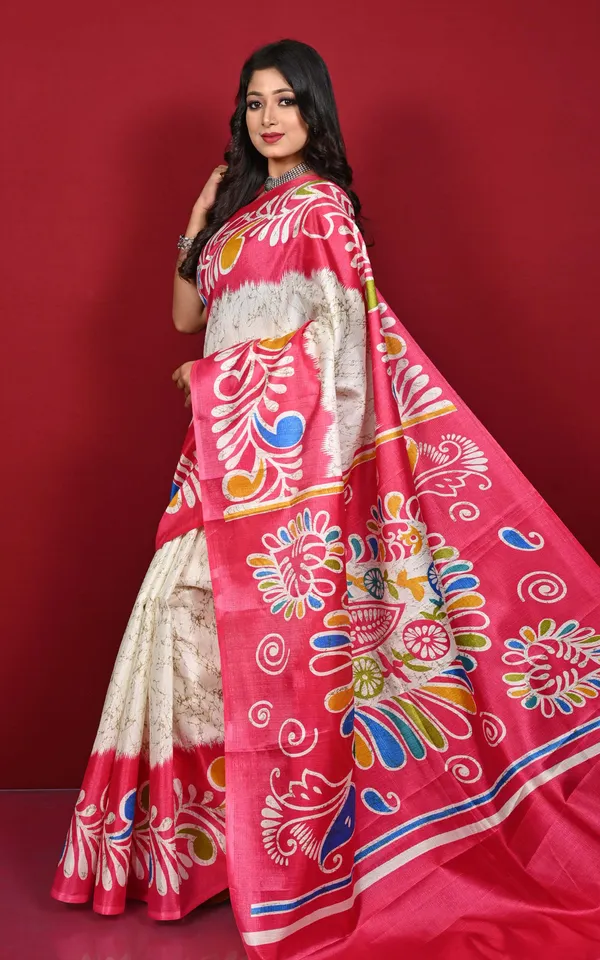Hand_Batik_Printed_Soft_Semi_Ghicha_Silk_Saree_In_Off_White_Strawberry_Pink_Moss_Green_And_Multicolor