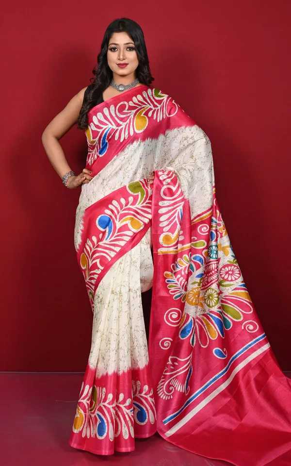 Hand_Batik_Printed_Soft_Semi_Ghicha_Silk_Saree_In_Off_White_Strawberry_Pink_Moss_Green_And_Multicolor