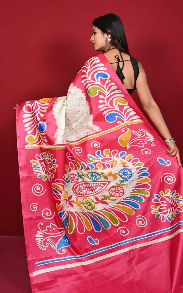 Hand_Batik_Printed_Soft_Semi_Ghicha_Silk_Saree_In_Off_White_Strawberry_Pink_Moss_Green_And_Multicolor