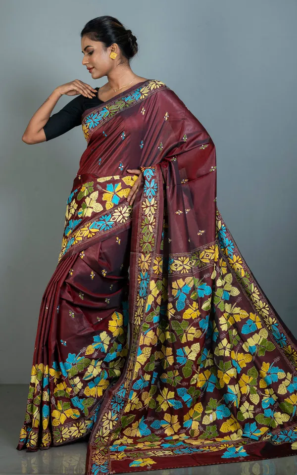 Hand_Embroidery_Blended_Silk_Kantha_Work_Saree_In_Garnet_Yellow_Off_White_Blue_And_Green_Thread_Work