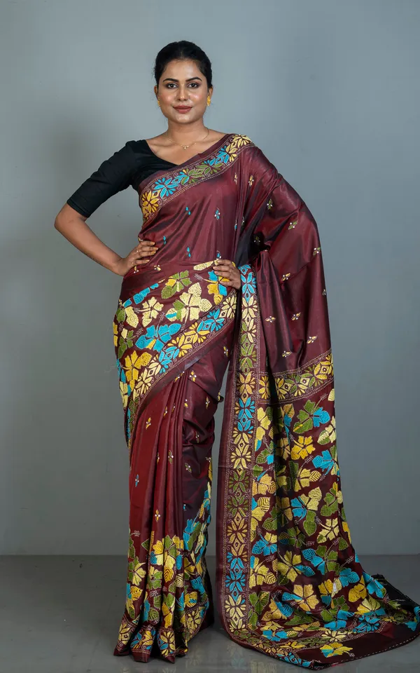 Hand_Embroidery_Blended_Silk_Kantha_Work_Saree_In_Garnet_Yellow_Off_White_Blue_And_Green_Thread_Work