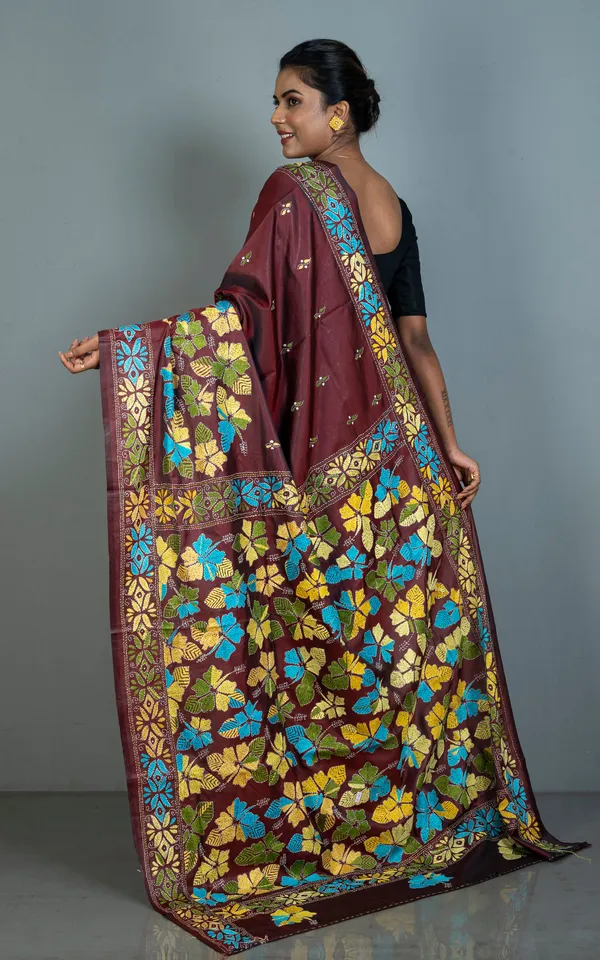 Hand_Embroidery_Blended_Silk_Kantha_Work_Saree_In_Garnet_Yellow_Off_White_Blue_And_Green_Thread_Work