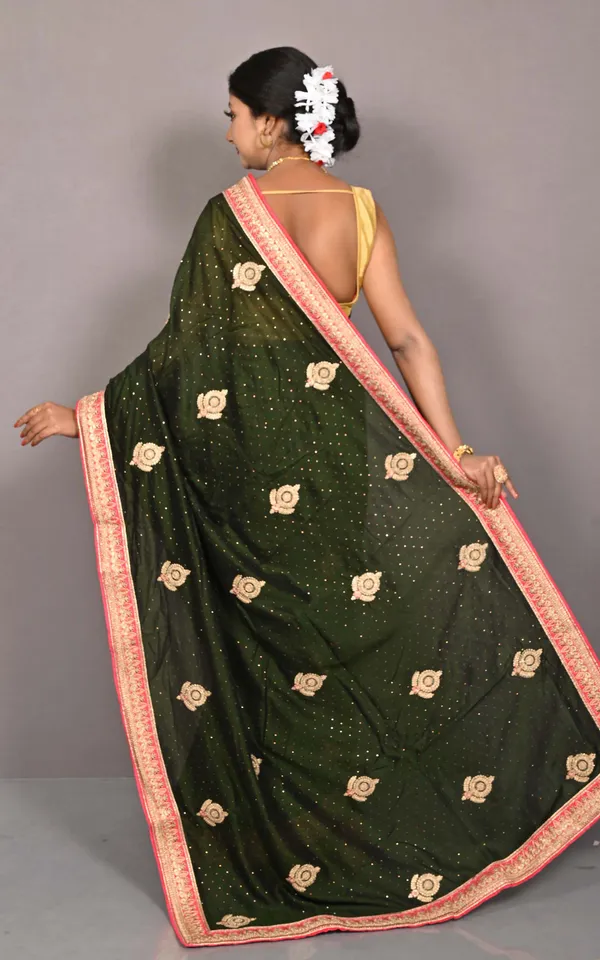 Designer_Crushed_Semi_Crepe_Silk_Zardosi_Saree_In_Rifle_Green_Green_Hot_Pink_And_Golden