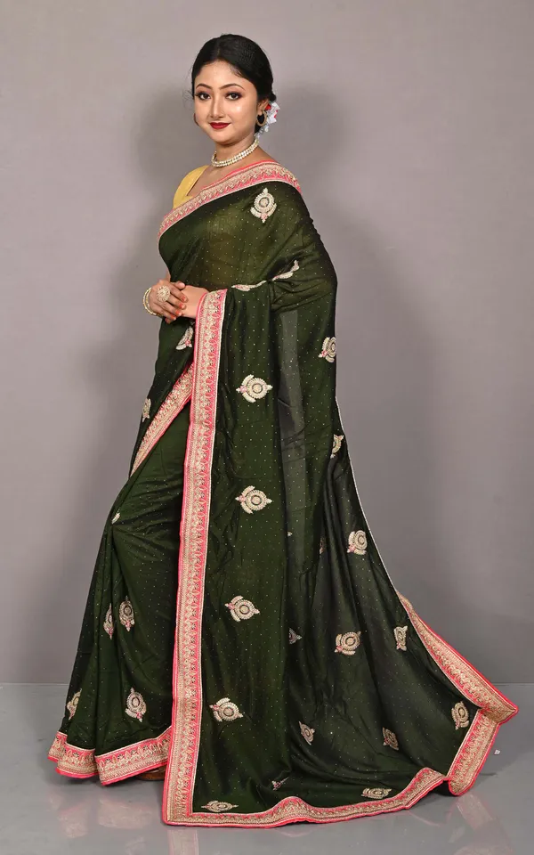 Designer_Crushed_Semi_Crepe_Silk_Zardosi_Saree_In_Rifle_Green_Green_Hot_Pink_And_Golden