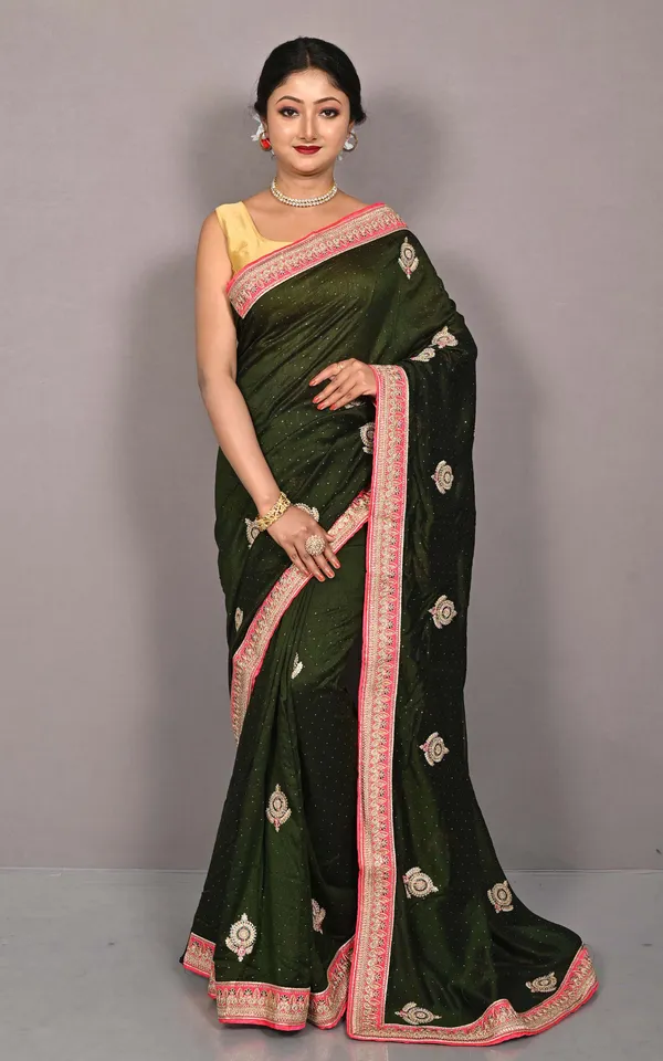 Designer_Crushed_Semi_Crepe_Silk_Zardosi_Saree_In_Rifle_Green_Green_Hot_Pink_And_Golden