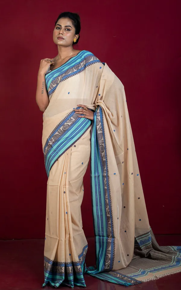Premium_Quality_Double_Warp_Soft_Pure_Cotton_Bomkai_Saree_In_Beige_Celeste_Blue_Royal_Blue_And_Black