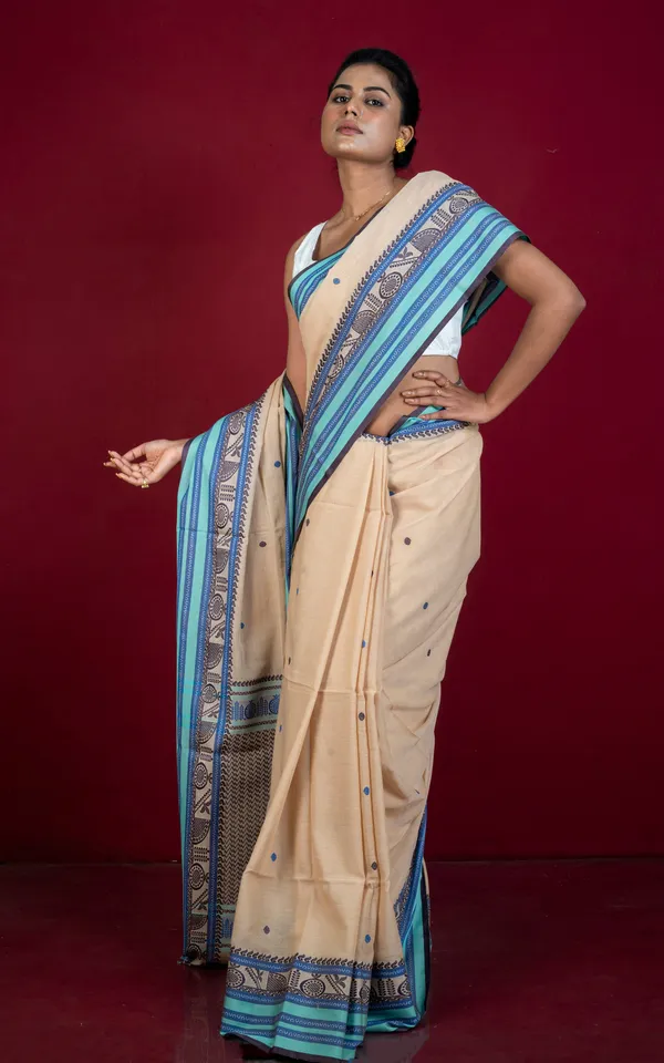 Premium_Quality_Double_Warp_Soft_Pure_Cotton_Bomkai_Saree_In_Beige_Celeste_Blue_Royal_Blue_And_Black