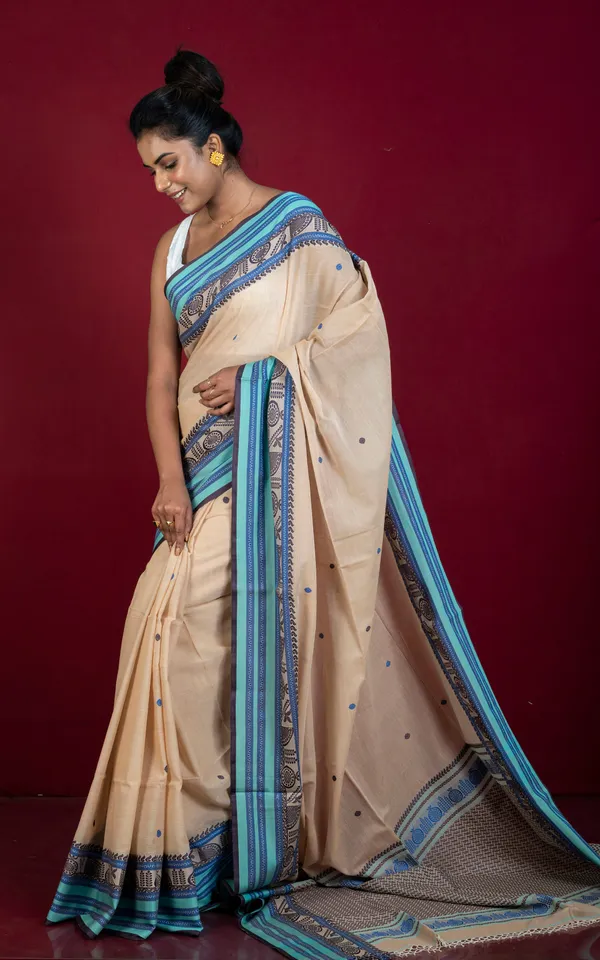 Premium_Quality_Double_Warp_Soft_Pure_Cotton_Bomkai_Saree_In_Beige_Celeste_Blue_Royal_Blue_And_Black