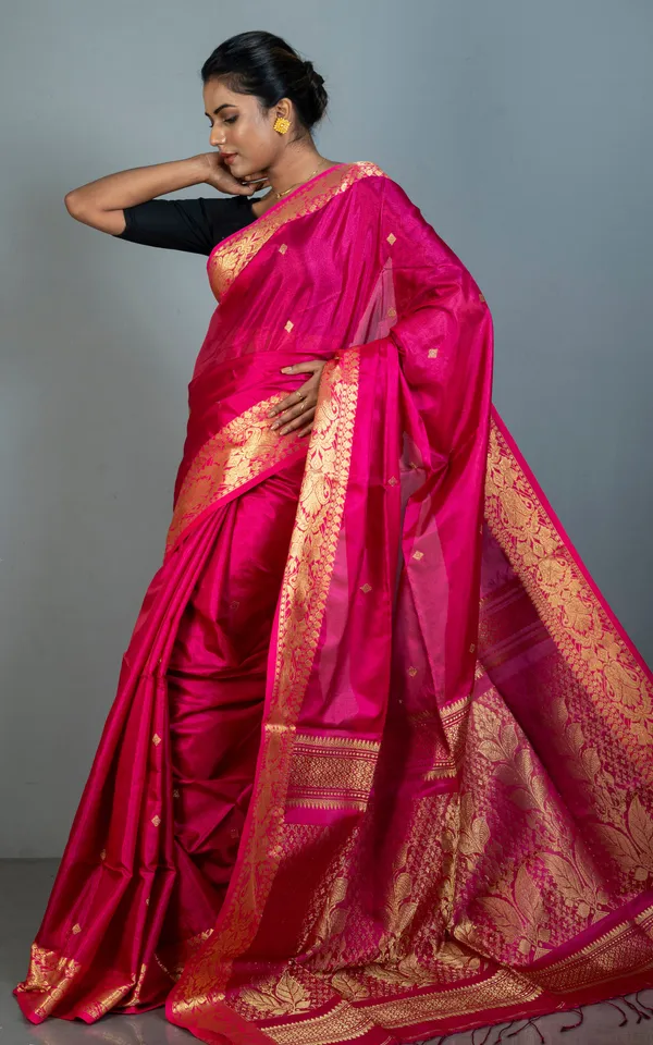 Hand_Woven_Soft_Tissue_Linen_Silk_Saree_In_Hot_Pink_And_Golden