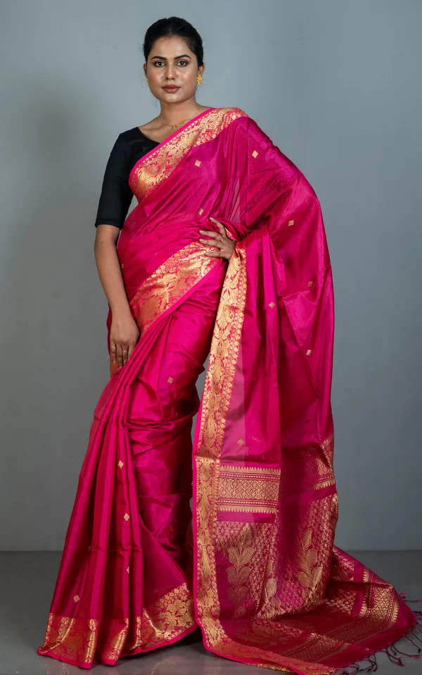 Hand_Woven_Soft_Tissue_Linen_Silk_Saree_In_Hot_Pink_And_Golden