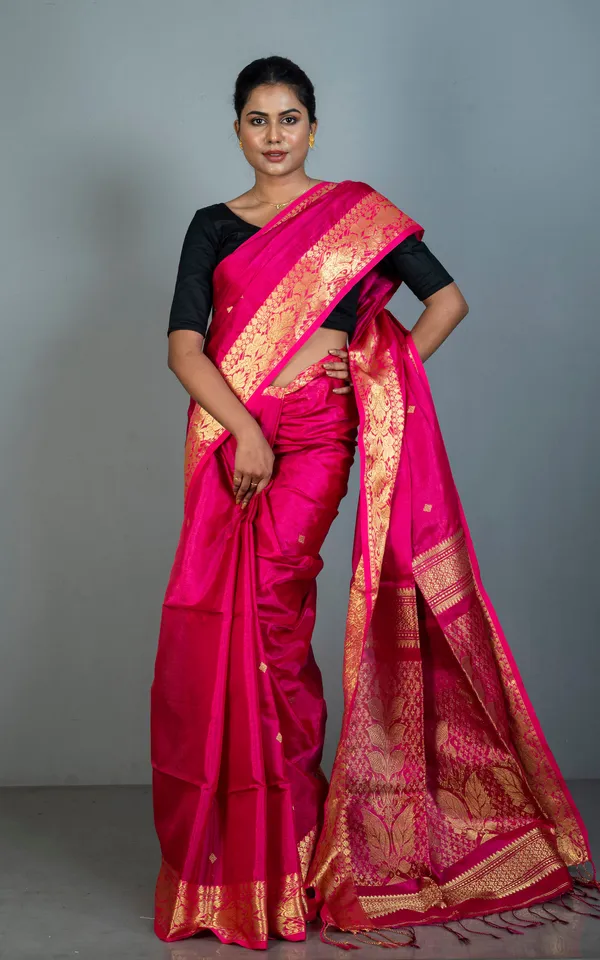 Hand_Woven_Soft_Tissue_Linen_Silk_Saree_In_Hot_Pink_And_Golden