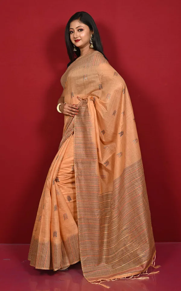 Semi_Moonga_Silk_Kantha_Stitch_Machine_Embroidery_Work_Saree_In_Fawn_Brown_And_Dark_Slate_Grey_Thread_Work