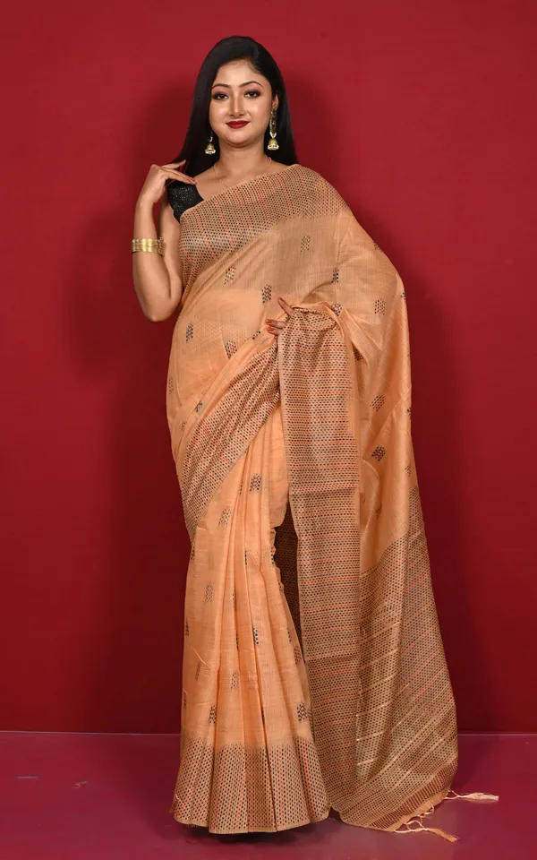 Semi_Moonga_Silk_Kantha_Stitch_Machine_Embroidery_Work_Saree_In_Fawn_Brown_And_Dark_Slate_Grey_Thread_Work