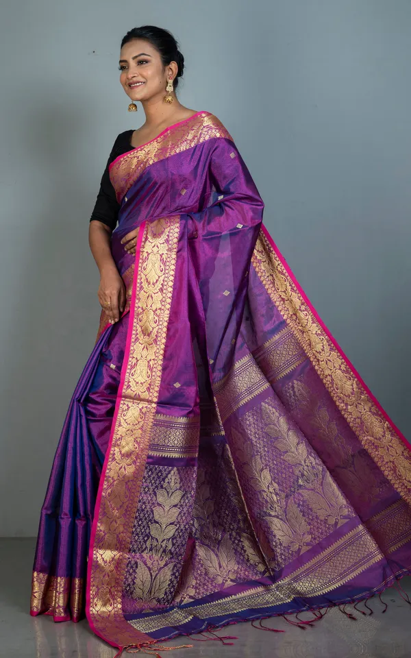 Hand_Woven_Soft_Tissue_Linen_Silk_Saree_In_Purple_Hot_Pink_And_Golden