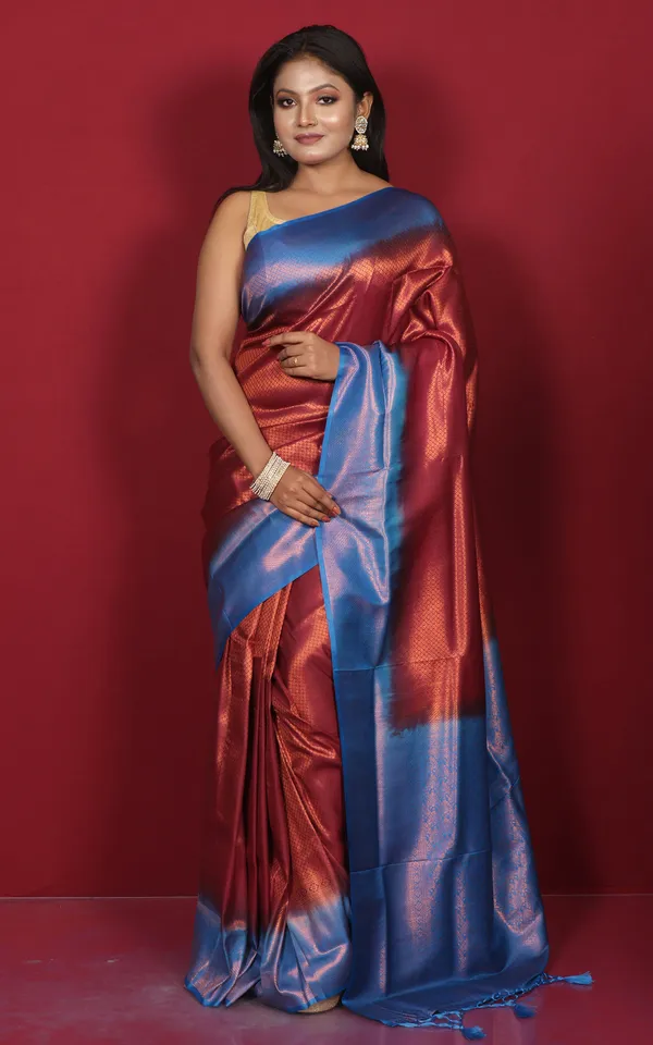 Softy_Tan_Chui_Work_Katan_Silk_Saree_In_Burgundy_Cobalt_Blue_And_Antique_Gold