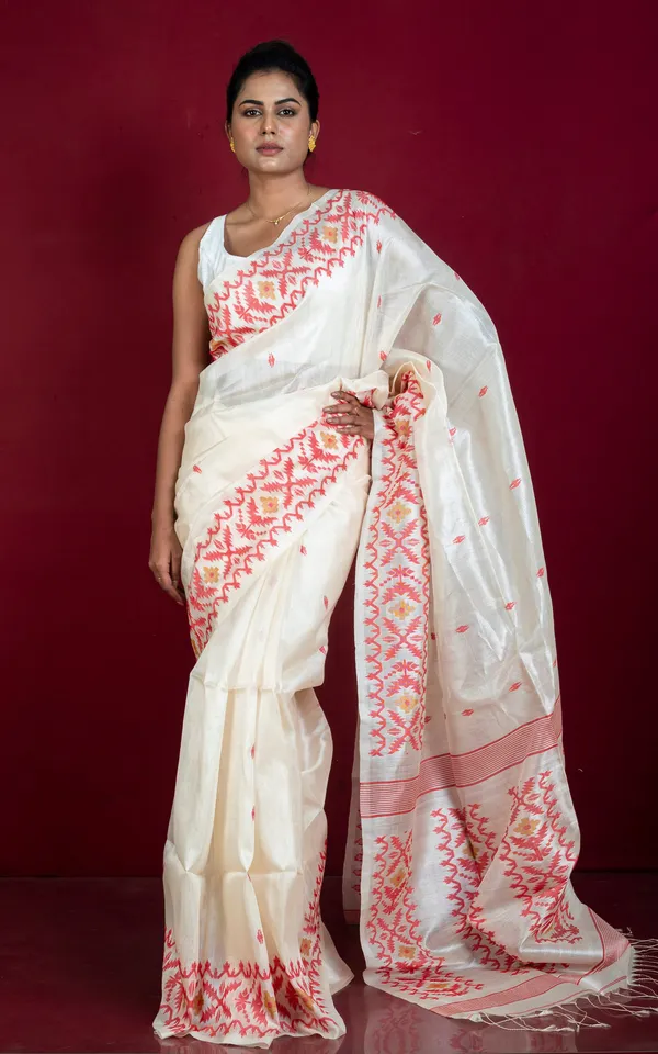 Premium_Quality_Tussar_Silk_Hand_Woven_Karat_Work_Saree_In_Off_White_Red_And_Brown