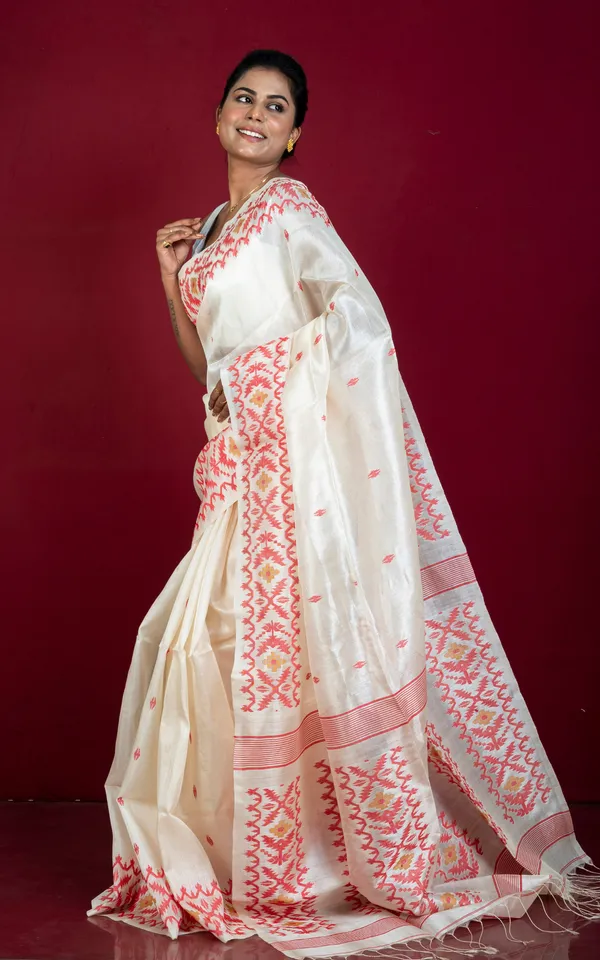 Premium_Quality_Tussar_Silk_Hand_Woven_Karat_Work_Saree_In_Off_White_Red_And_Brown