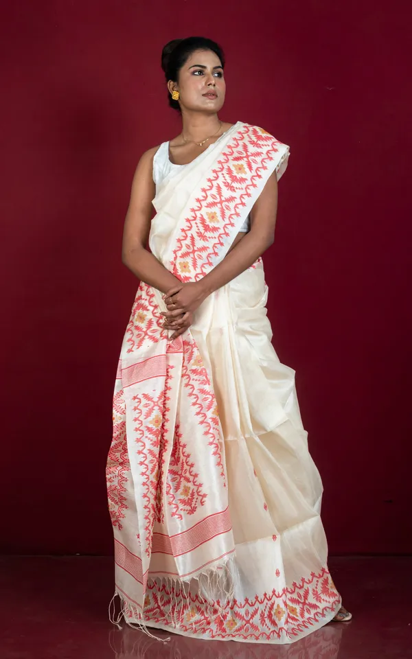 Premium_Quality_Tussar_Silk_Hand_Woven_Karat_Work_Saree_In_Off_White_Red_And_Brown
