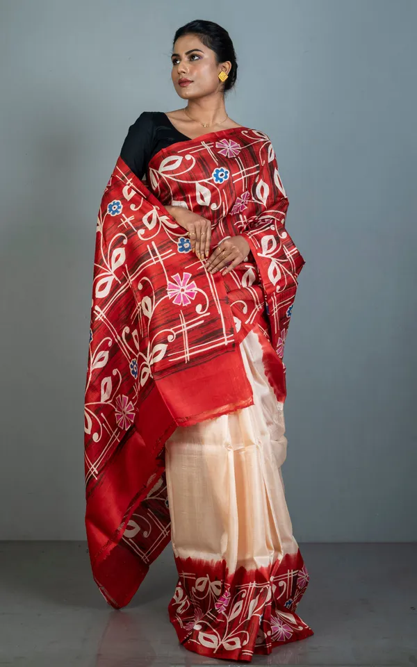 Hand_Batik_Soft_Bishnupuri_Pure_Silk_Saree_In_Rust_Red_Beige_And_Multicolor