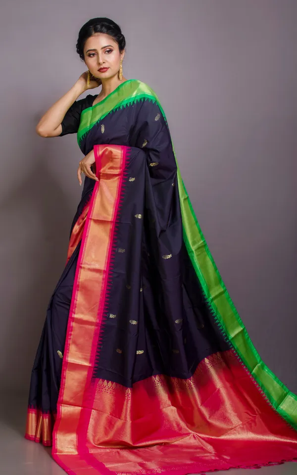 Blended_Gadwal_Silk_Saree_In_Black_Hot_Pink_And_Spring_Green