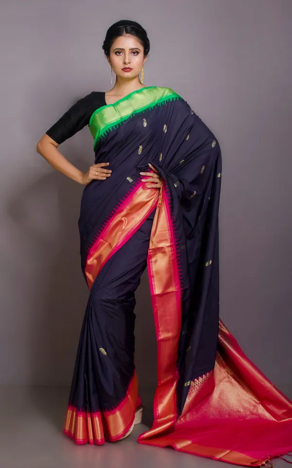 Blended_Gadwal_Silk_Saree_In_Black_Hot_Pink_And_Spring_Green