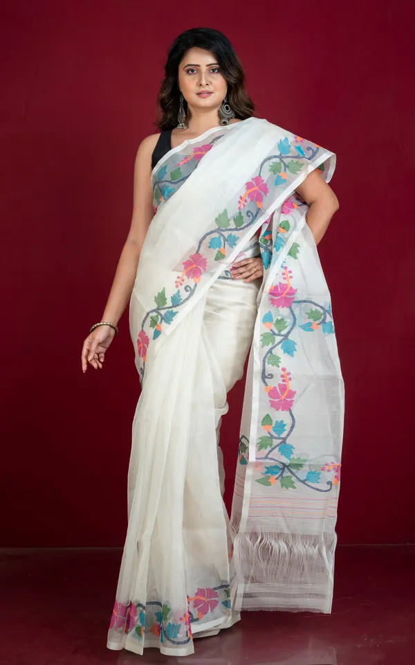 Premium_Quality_Multi_Meenakari_Woven_Nakshi_Work_Silk_Jamdani_Saree_In_Off_White_And_Multicolor