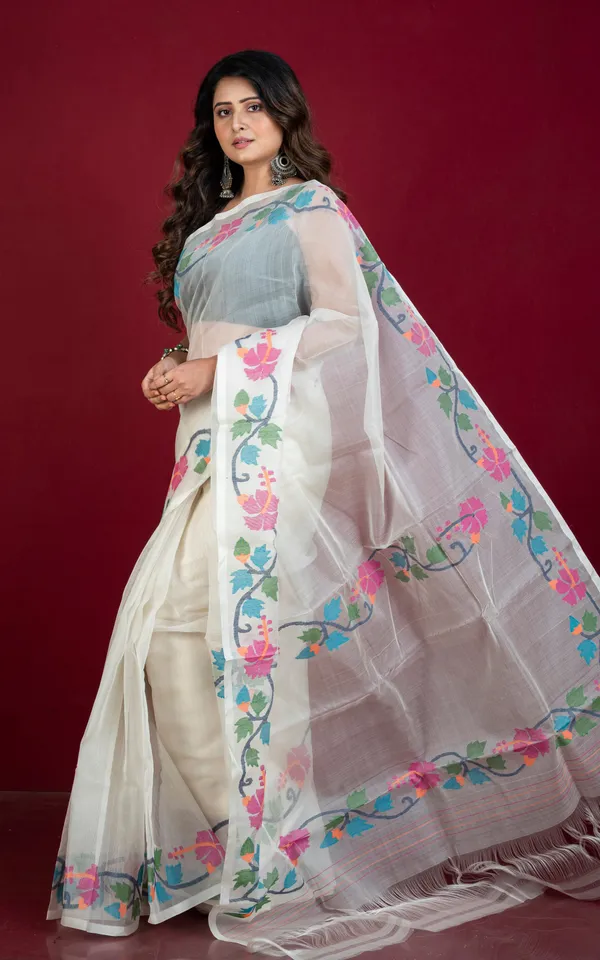 Premium_Quality_Multi_Meenakari_Woven_Nakshi_Work_Silk_Jamdani_Saree_In_Off_White_And_Multicolor