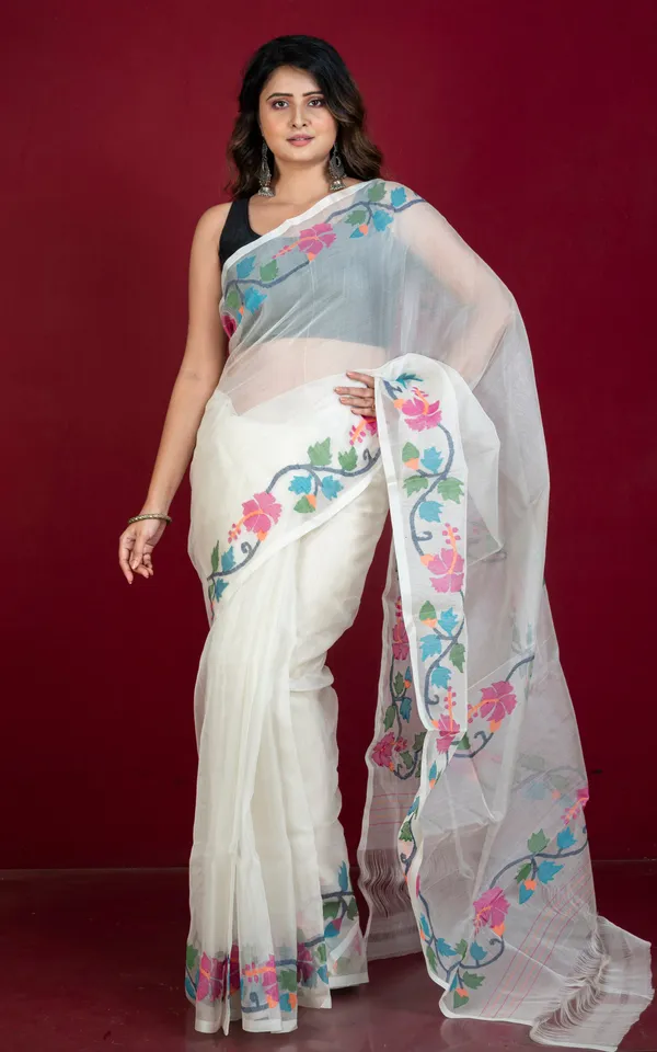 Premium_Quality_Multi_Meenakari_Woven_Nakshi_Work_Silk_Jamdani_Saree_In_Off_White_And_Multicolor