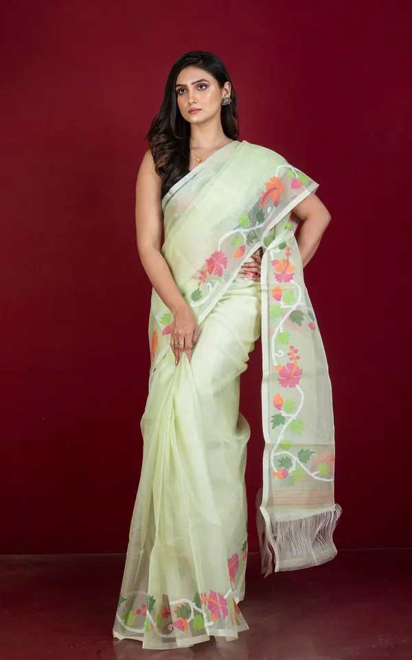 Premium_Quality_Multi_Meenakari_Woven_Nakshi_Work_Silk_Jamdani_Saree_In_Mint_Green_And_Multicolor