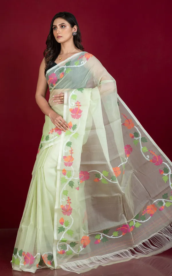 Premium_Quality_Multi_Meenakari_Woven_Nakshi_Work_Silk_Jamdani_Saree_In_Mint_Green_And_Multicolor